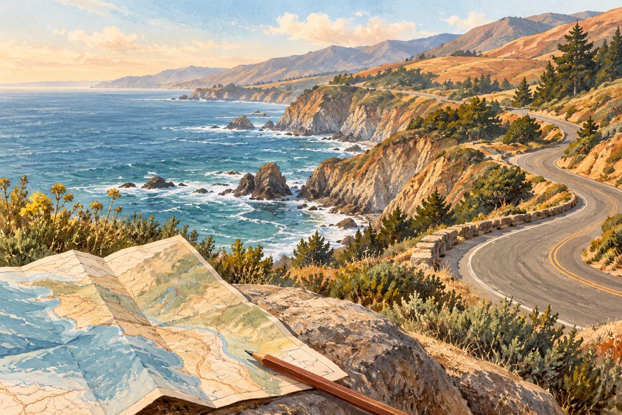 Original illustration of an imagined coastal road beside blue ocean, with a folded map and pencil in the foreground.
