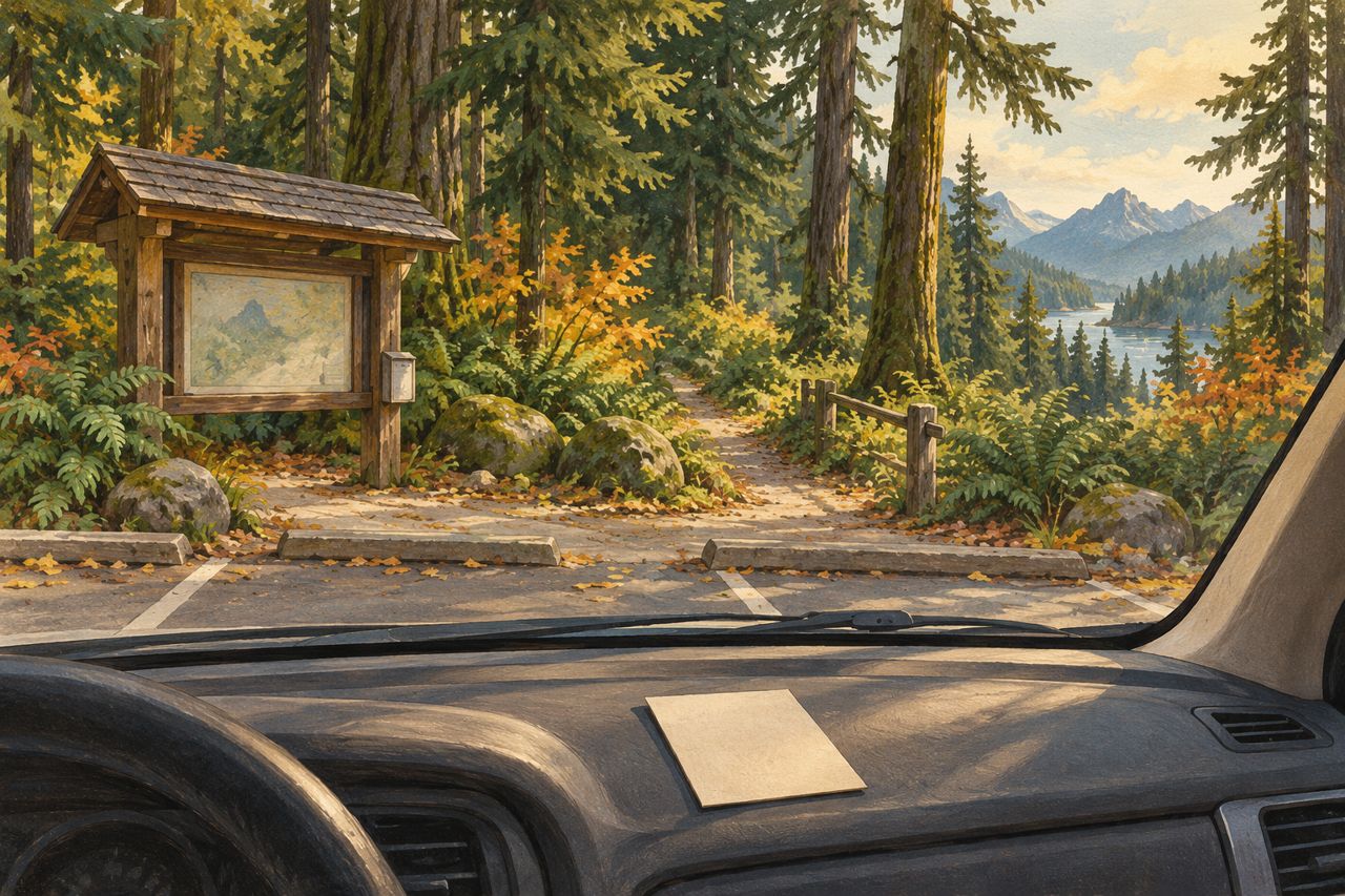 Original illustration of a plain permit on a parked car’s dashboard, looking toward an imagined evergreen forest trailhead.