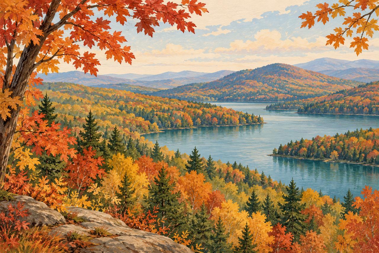 Original illustration of an imagined New York-inspired lake and wooded hills, with green, gold and terracotta autumn leaves.