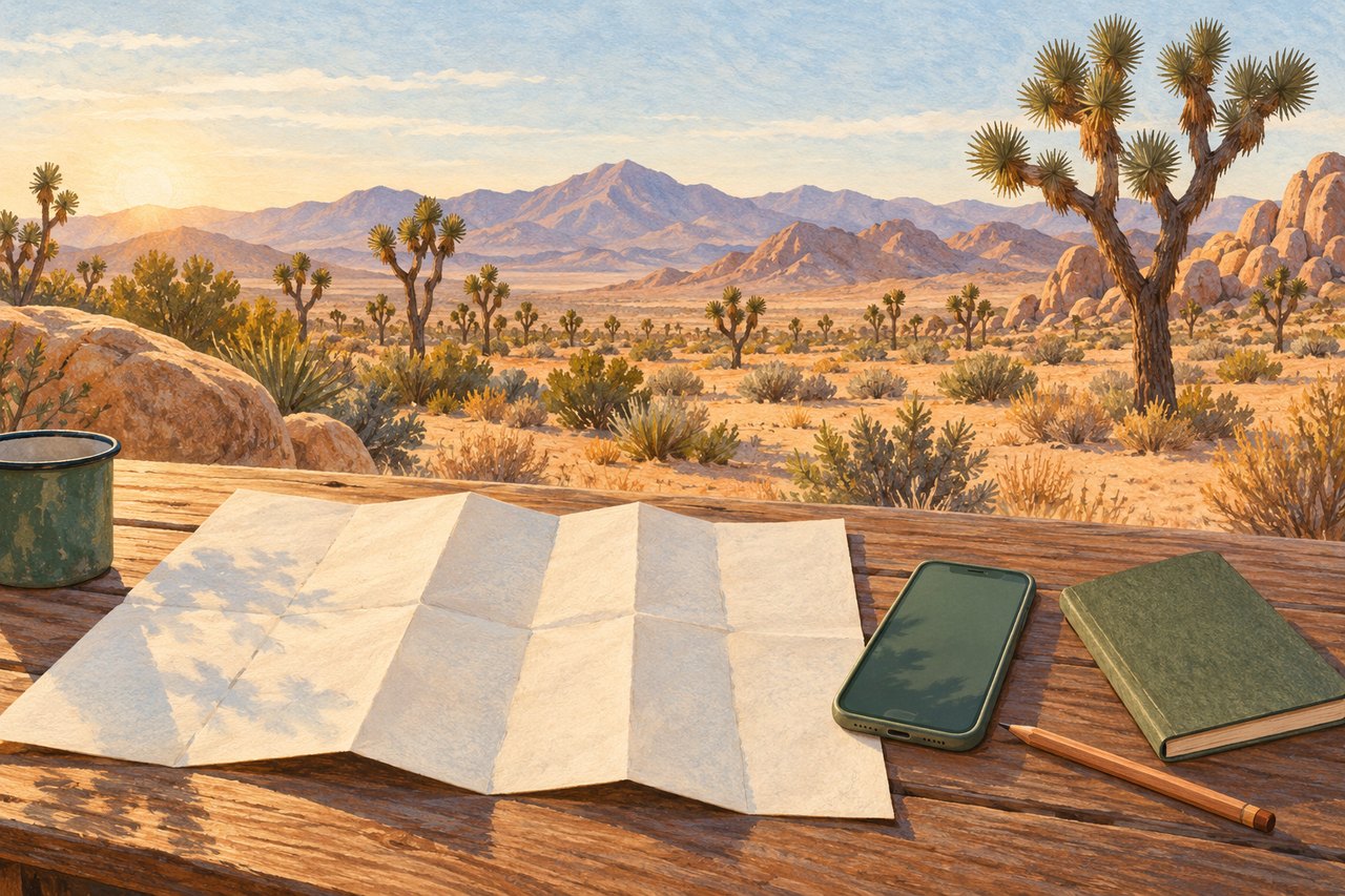 Original illustration of a blank folded map, phone and notebook on a table overlooking an imagined Mojave-inspired desert.