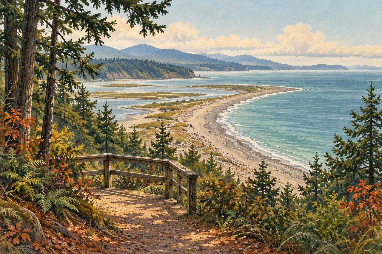 Original illustration of a woodland overlook above an imagined Pacific Northwest sand spit and blue-green sea.