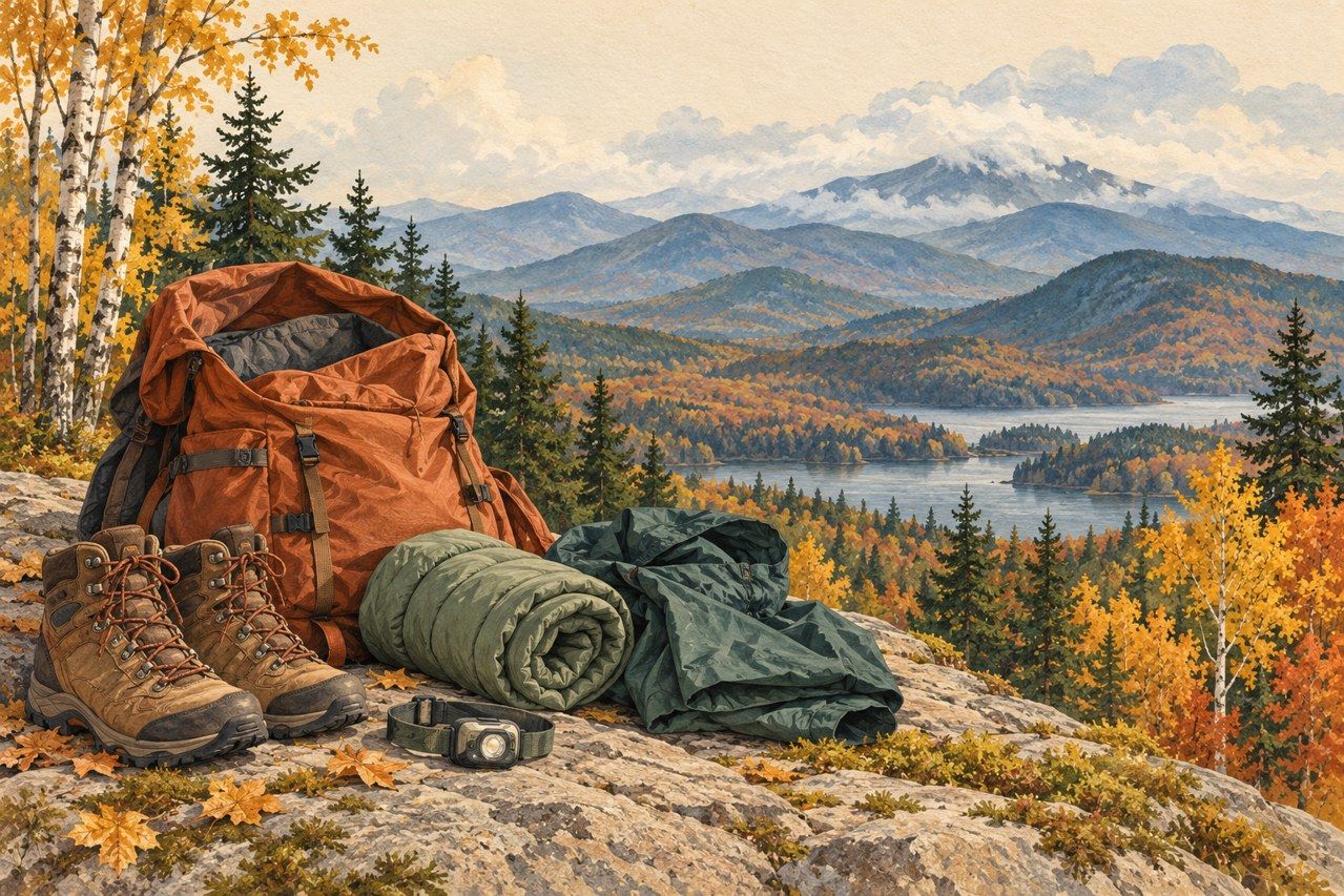 Original generated illustration of hiking layers, boots and a headlamp beside a backpack in an imagined Adirondack-inspired landscape.