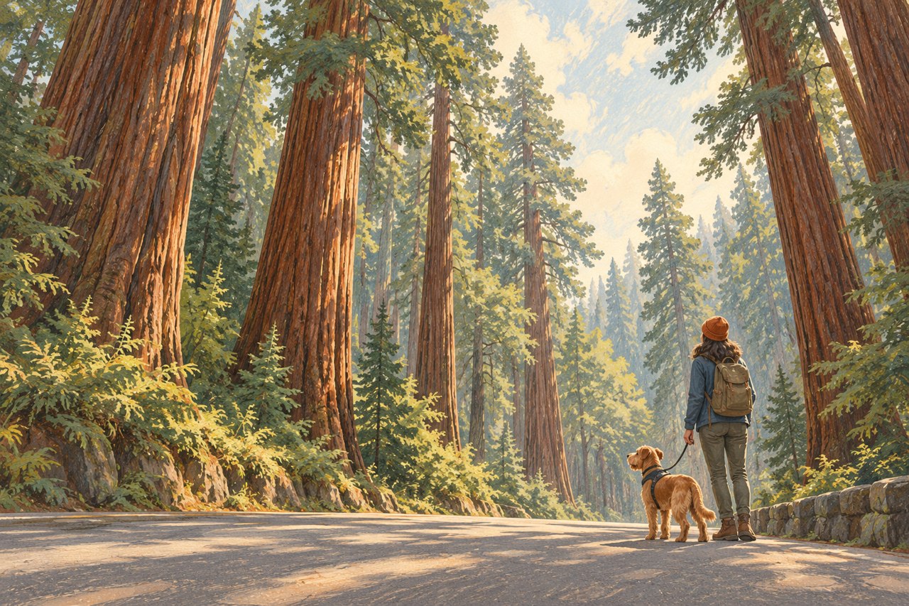 Original generated illustration of a leashed dog and its companion standing on a paved road in an imagined redwood forest.