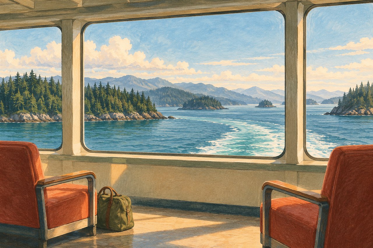 Original generated illustration of empty ferry lounge seats overlooking imagined evergreen islands and blue-green water.