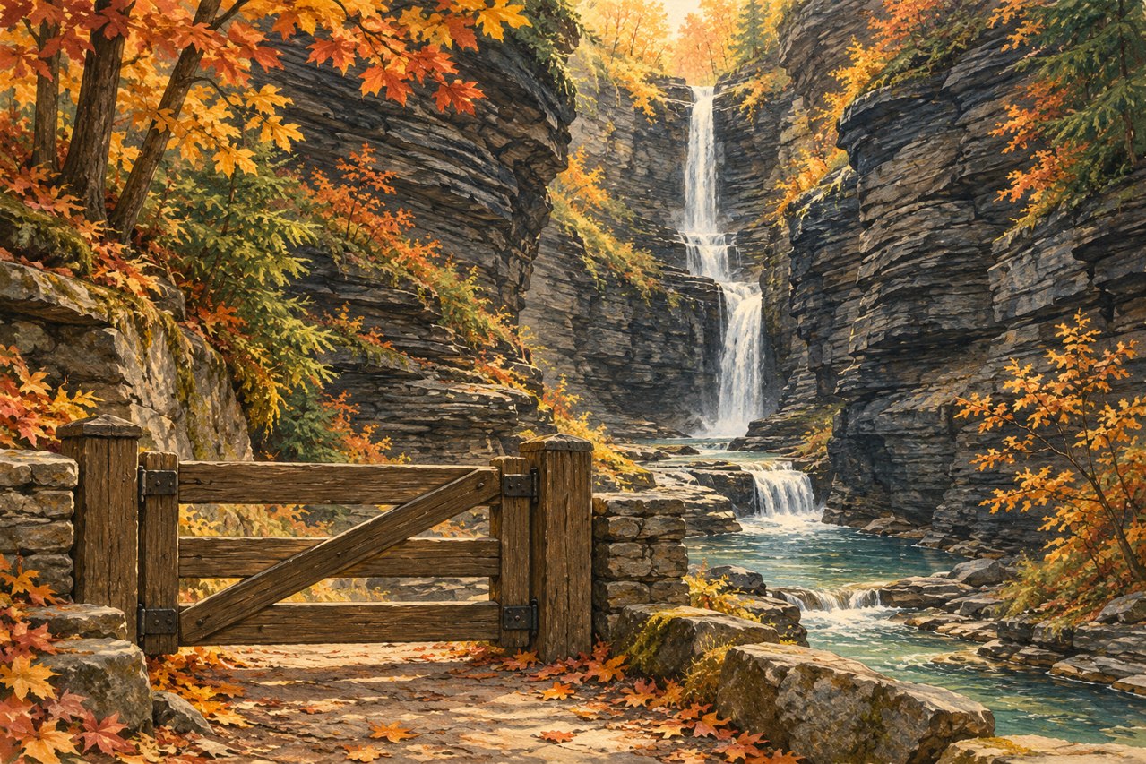 Generated illustration of an imaginary autumn waterfall gorge behind a wooden gate; not a documentary view of Watkins Glen.