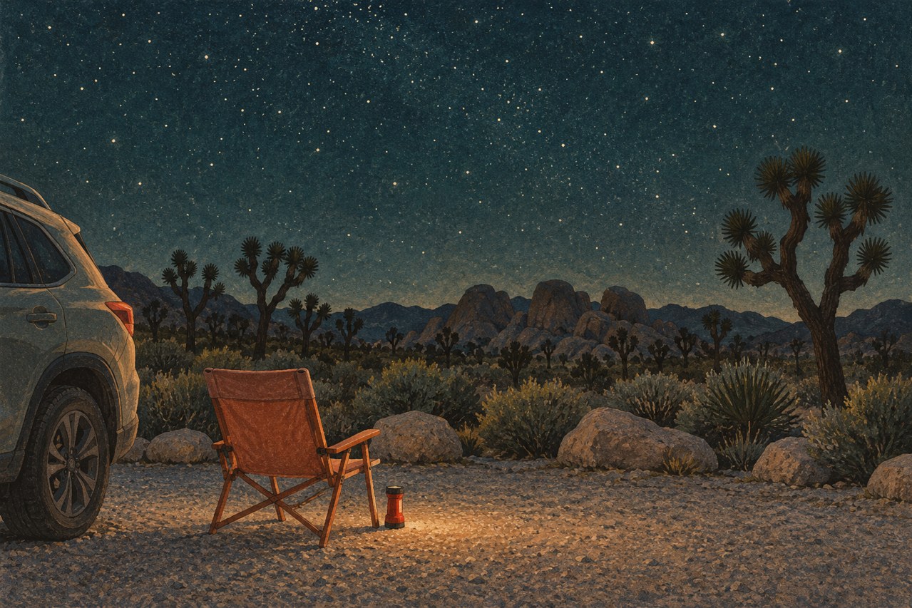 Generated illustration of an empty chair beside a parked car under an imaginary desert night sky; not a photograph of Joshua Tree.