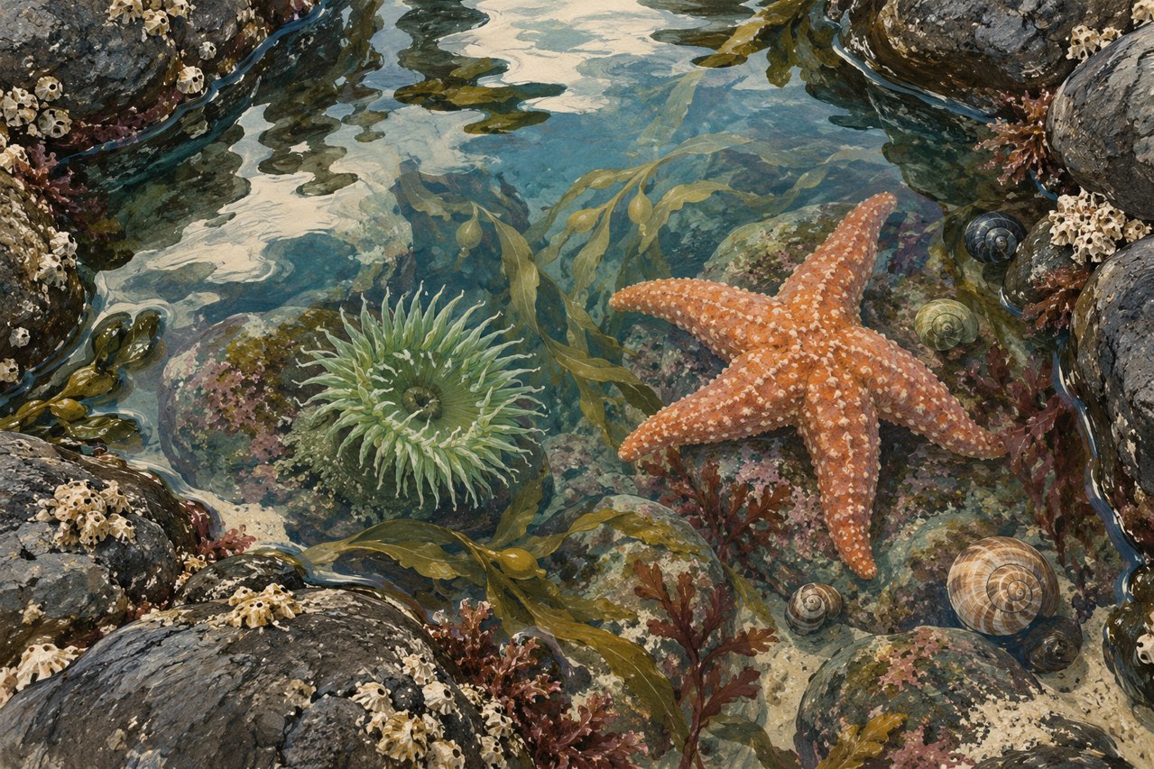 Generated illustration of an imaginary tide pool with a sea star and anemone; not a photograph of an Olympic Coast location.
