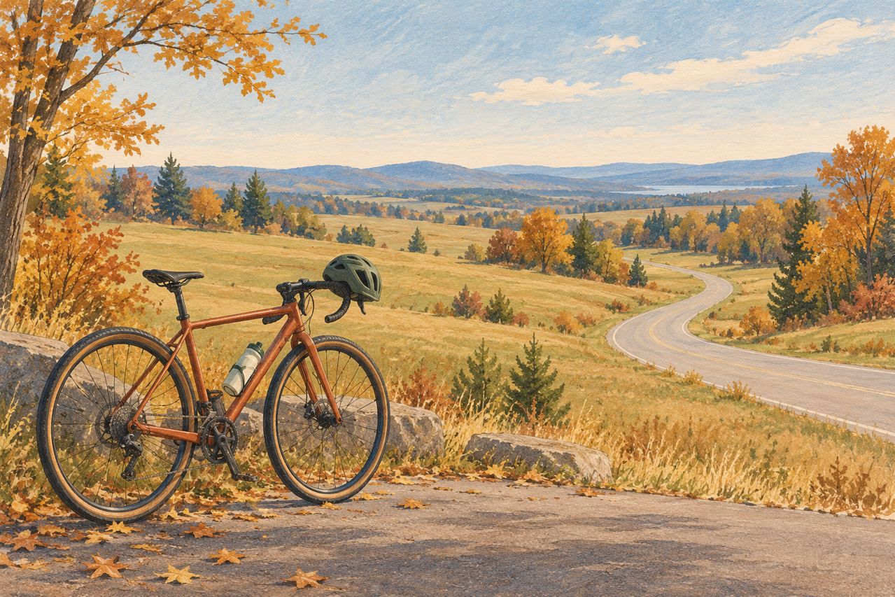 Generated illustration of a bicycle, helmet and water bottle overlooking imaginary autumn countryside; not a photograph of Saratoga Battlefield.