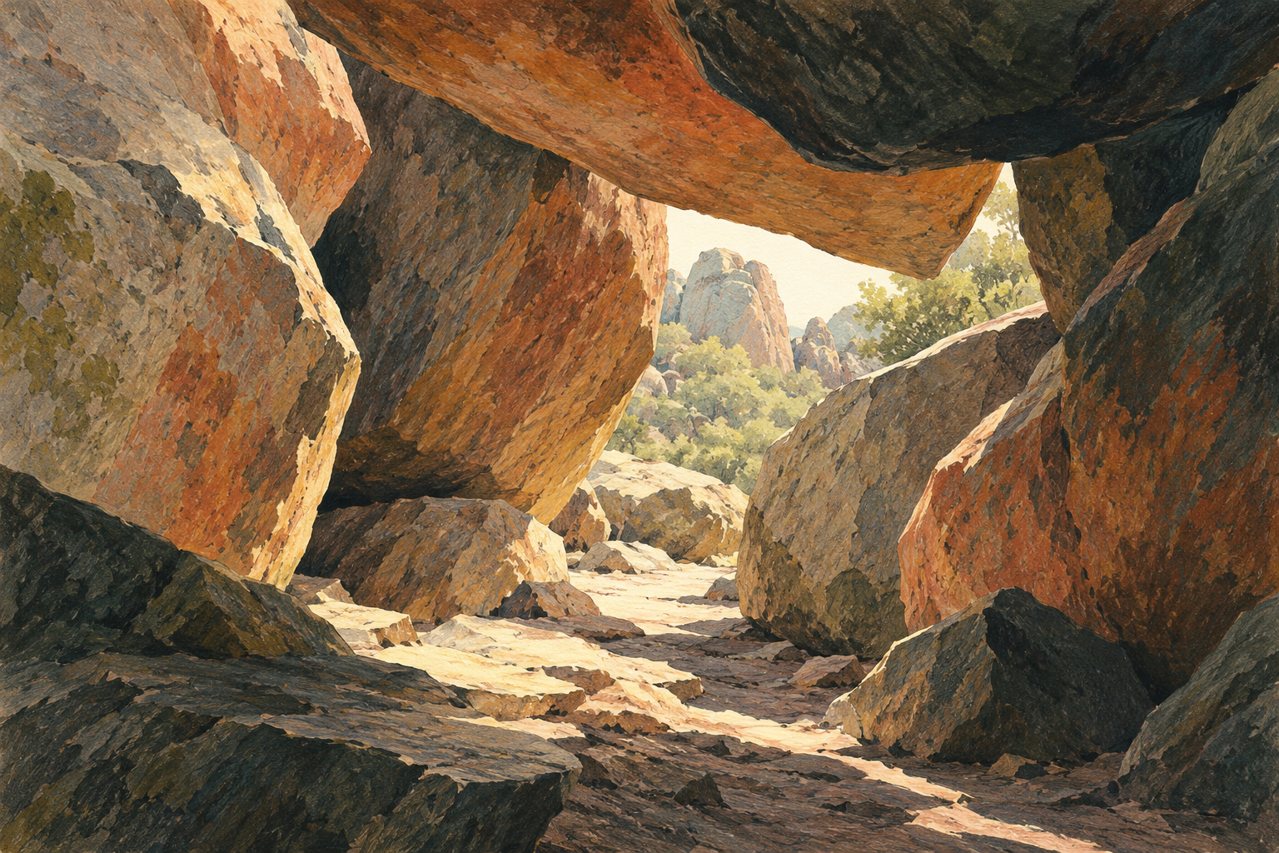 Generated illustration looking out from an imaginary boulder passage toward daylight; not a photograph or route depiction of Pinnacles caves.