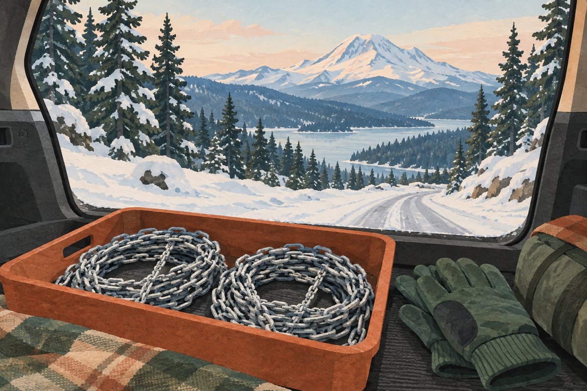 Generated illustration of packed tire chains and gloves in a car overlooking an imagined snowy mountain landscape.