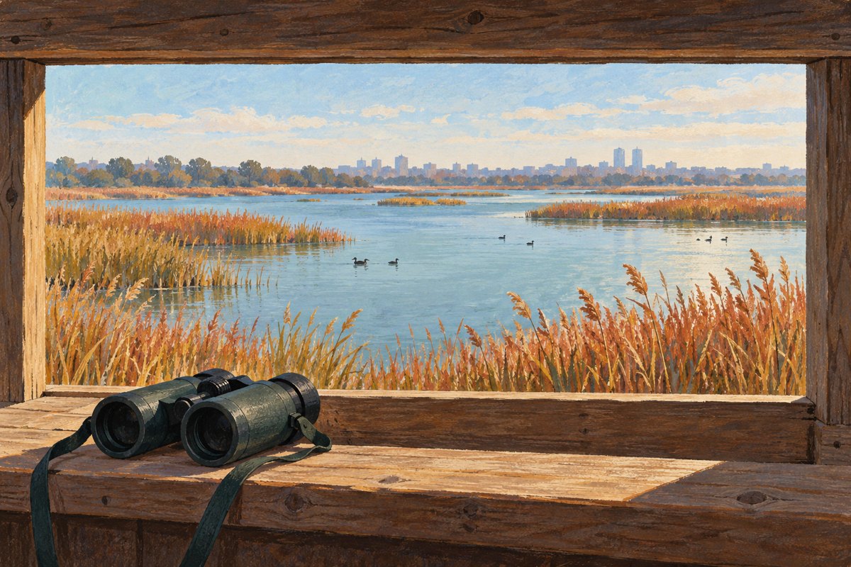 Generated illustration of binoculars on a bird-hide ledge facing an imaginary urban wetland; not a documentary view of Jamaica Bay.