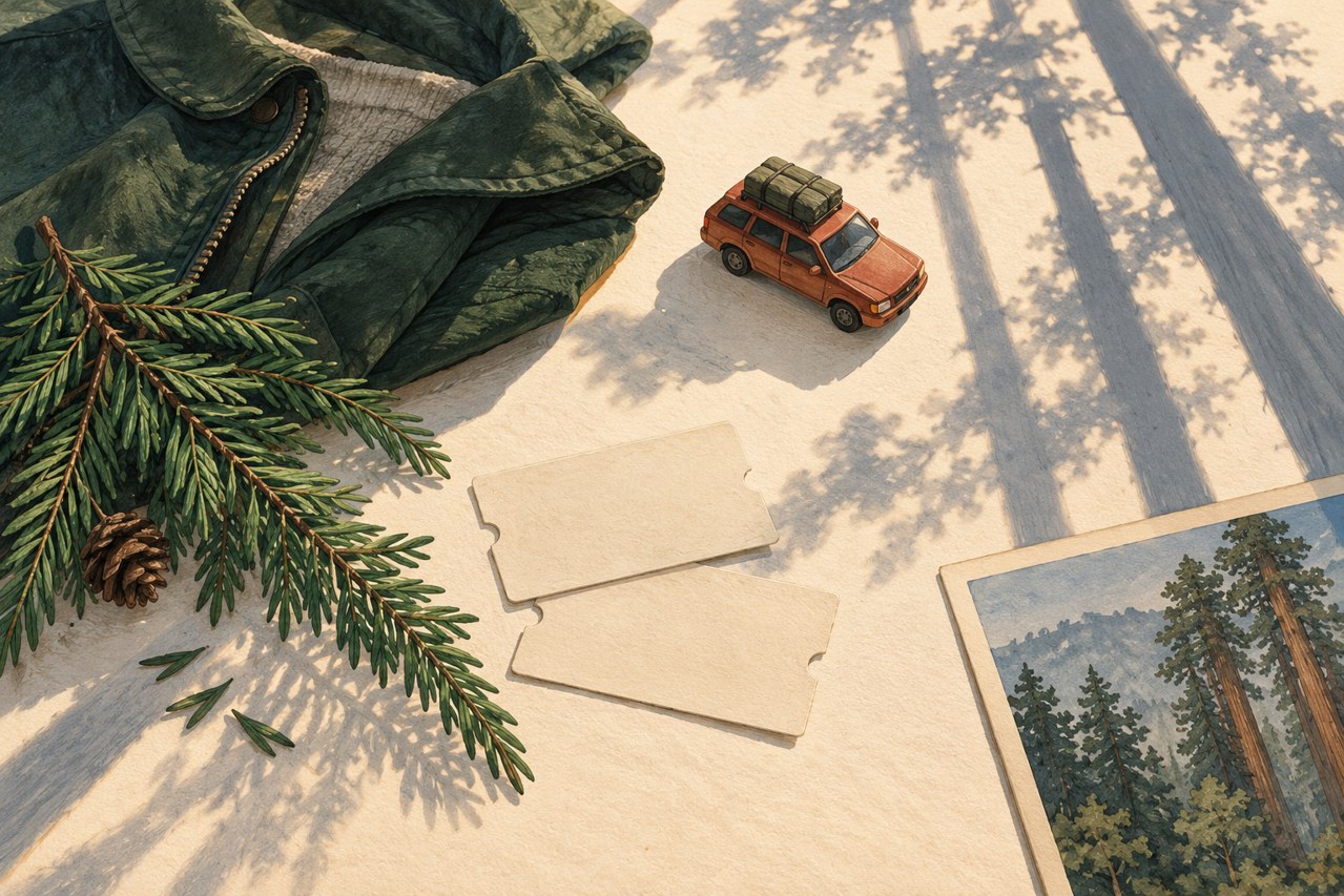 Generated conceptual illustration of a small car, blank cards, jacket and redwood sprig on a table; not a photograph of Muir Woods.
