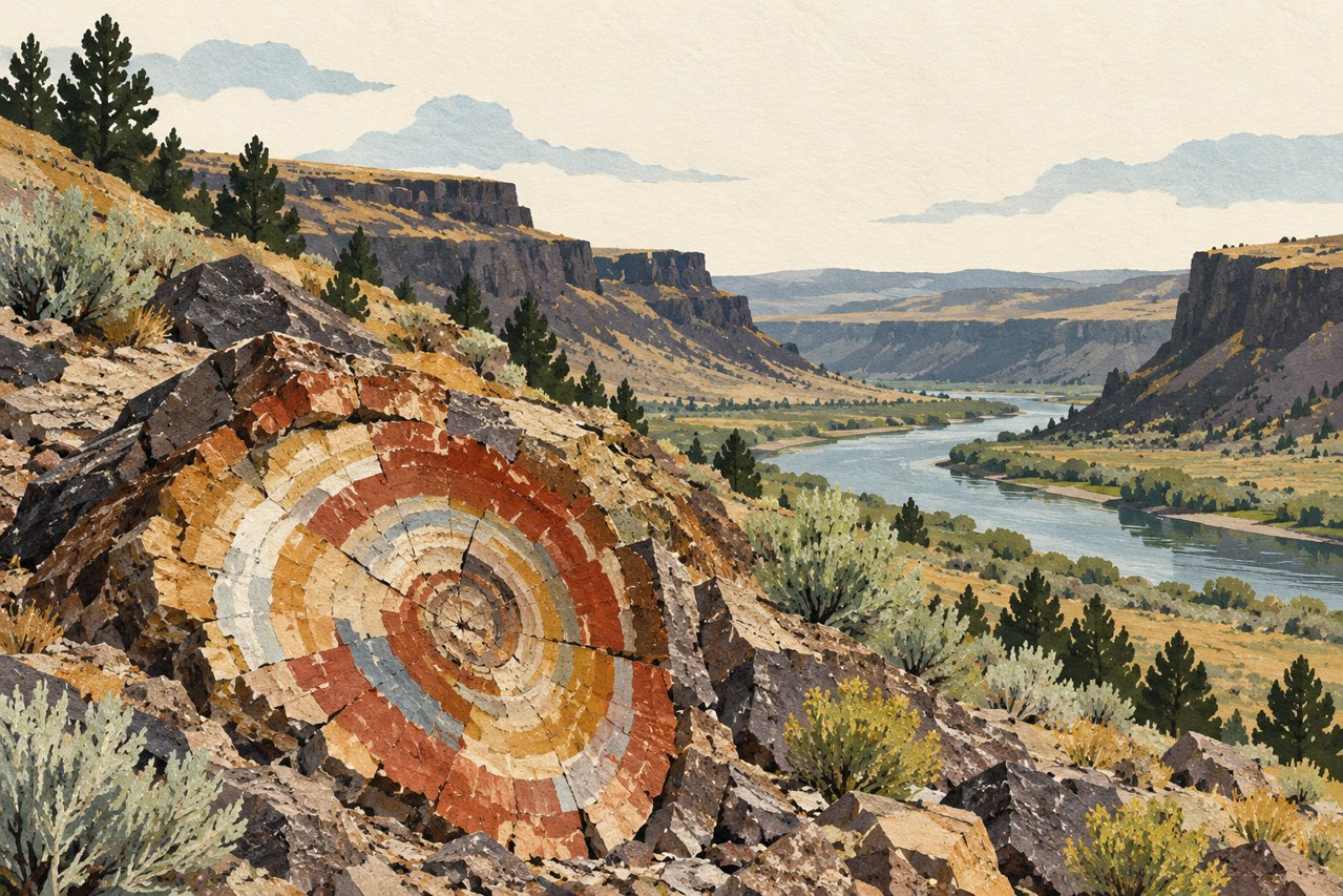 Generated illustration of imagined petrified wood above a river valley; not a photograph of Ginkgo Petrified Forest or an actual specimen.