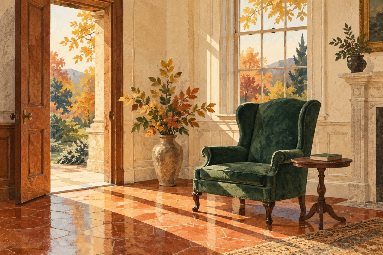 Generated illustration of an imaginary historic interior with a chair and open doorway; not a depiction of Sagamore Hill or Roosevelt's belongings.