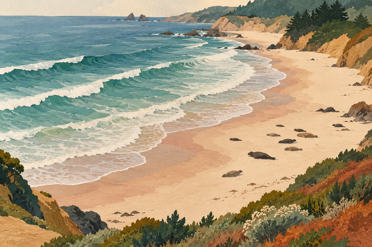 Generated illustration of resting elephant seals on an imaginary California beach; not a photograph or an accurate depiction of a Point Reyes viewpoint.