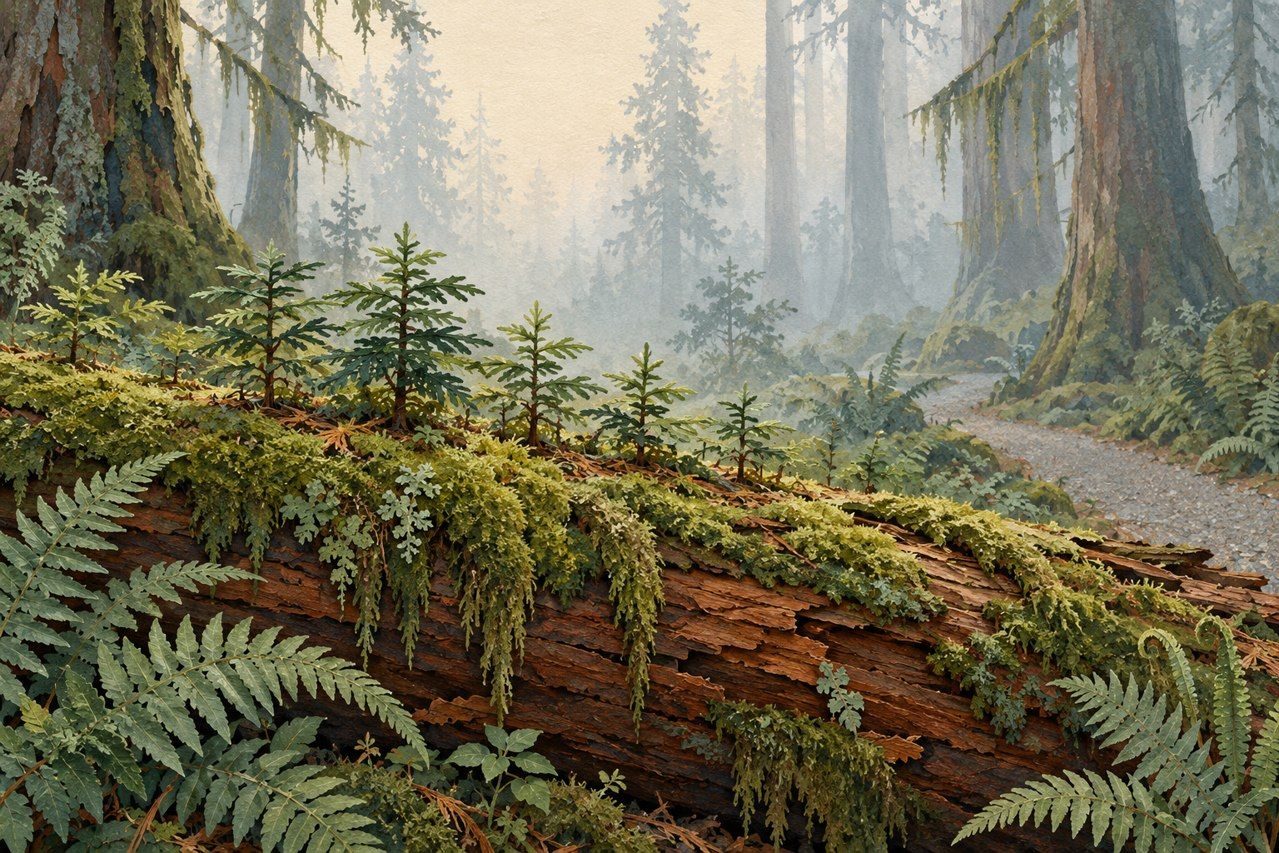 Generated illustration of young evergreens growing on a mossy fallen log beside a forest path; not a photograph of a specific Hoh viewpoint.