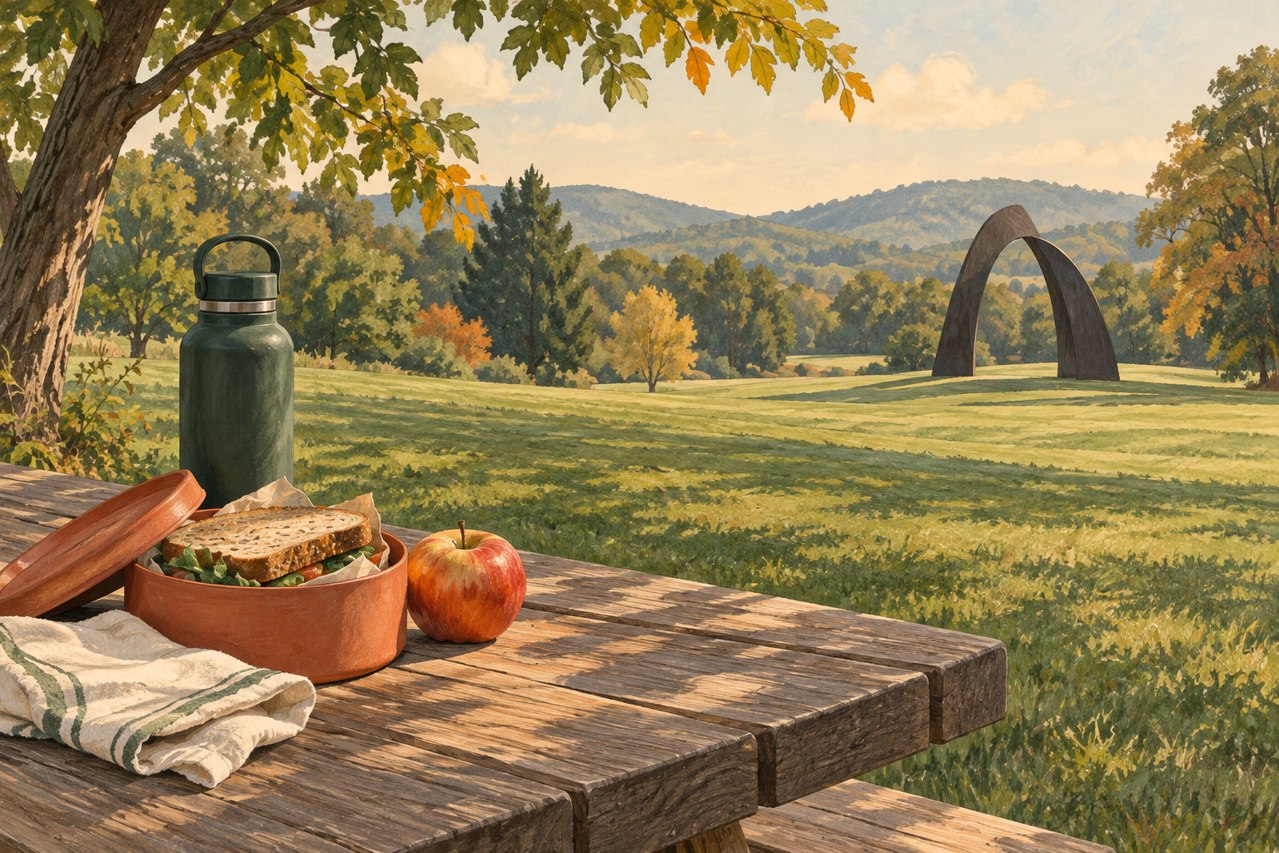 Generated illustration of lunch on a picnic table in an imagined sculpture landscape; not a photograph of Storm King or an actual artwork.