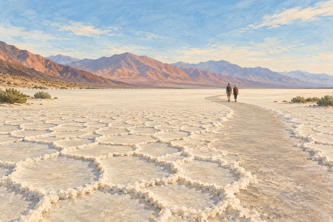 Generated illustration of two walkers on a worn strip across an imagined desert salt flat; not a photograph or exact view of Badwater Basin.